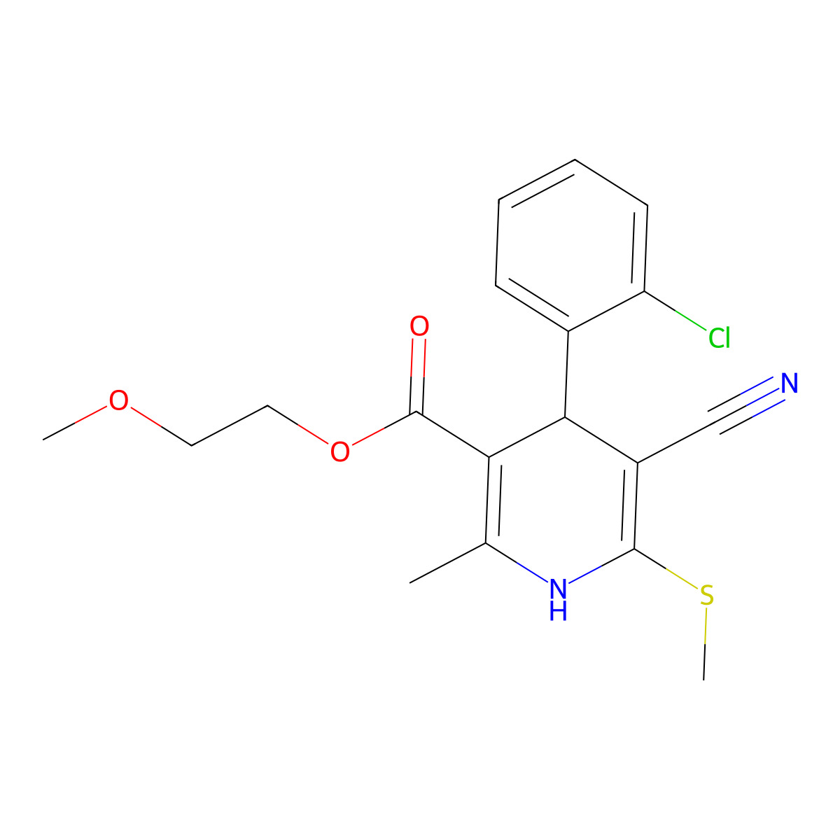 2-Methoxyethyl 4-(2-chlorophenyl)-5-cyano-2-methyl-6-(methylthio)-1,4-dihydropyridine-3-carboxylate molecular structure, CAS 796876-78-3