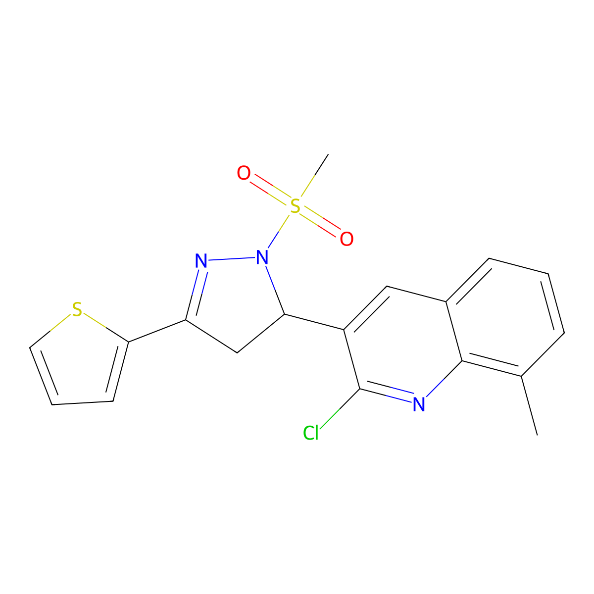 2-chloro-8-methyl-3-(1-(methylsulfonyl)-3-(thiophen-2-yl)-4,5-dihydro-1H-pyrazol-5-yl)quinoline molecular structure, CAS 796877-70-8