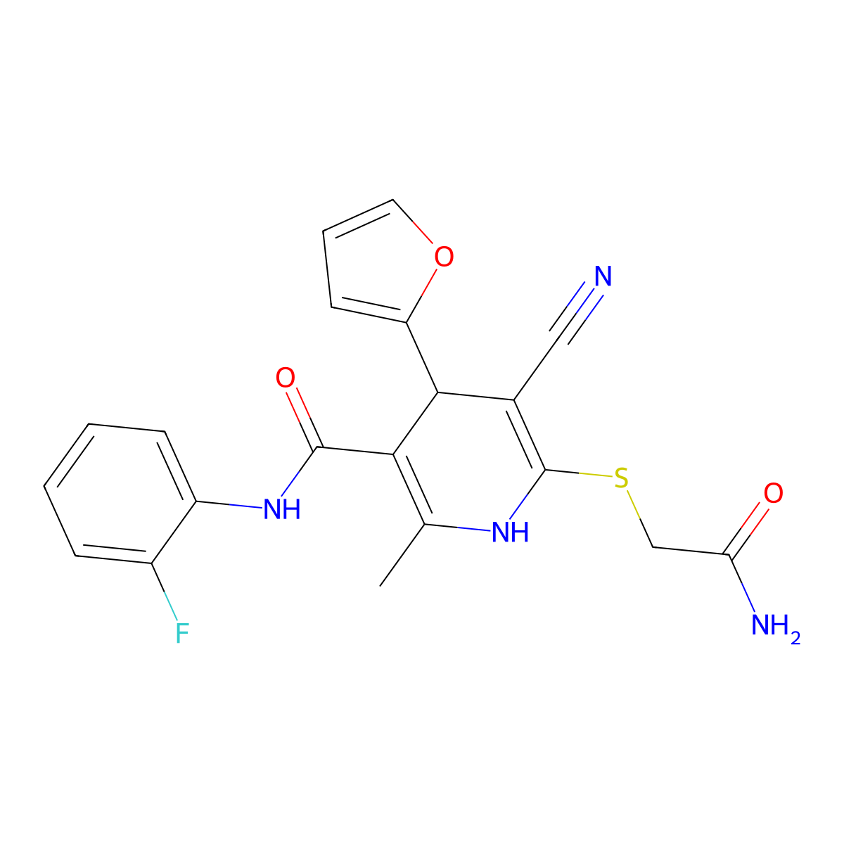 6-((2-amino-2-oxoethyl)thio)-5-cyano-N-(2-fluorophenyl)-4-(furan-2-yl)-2-methyl-1,4-dihydropyridine-3-carboxamide molecular structure, CAS 796877-99-1