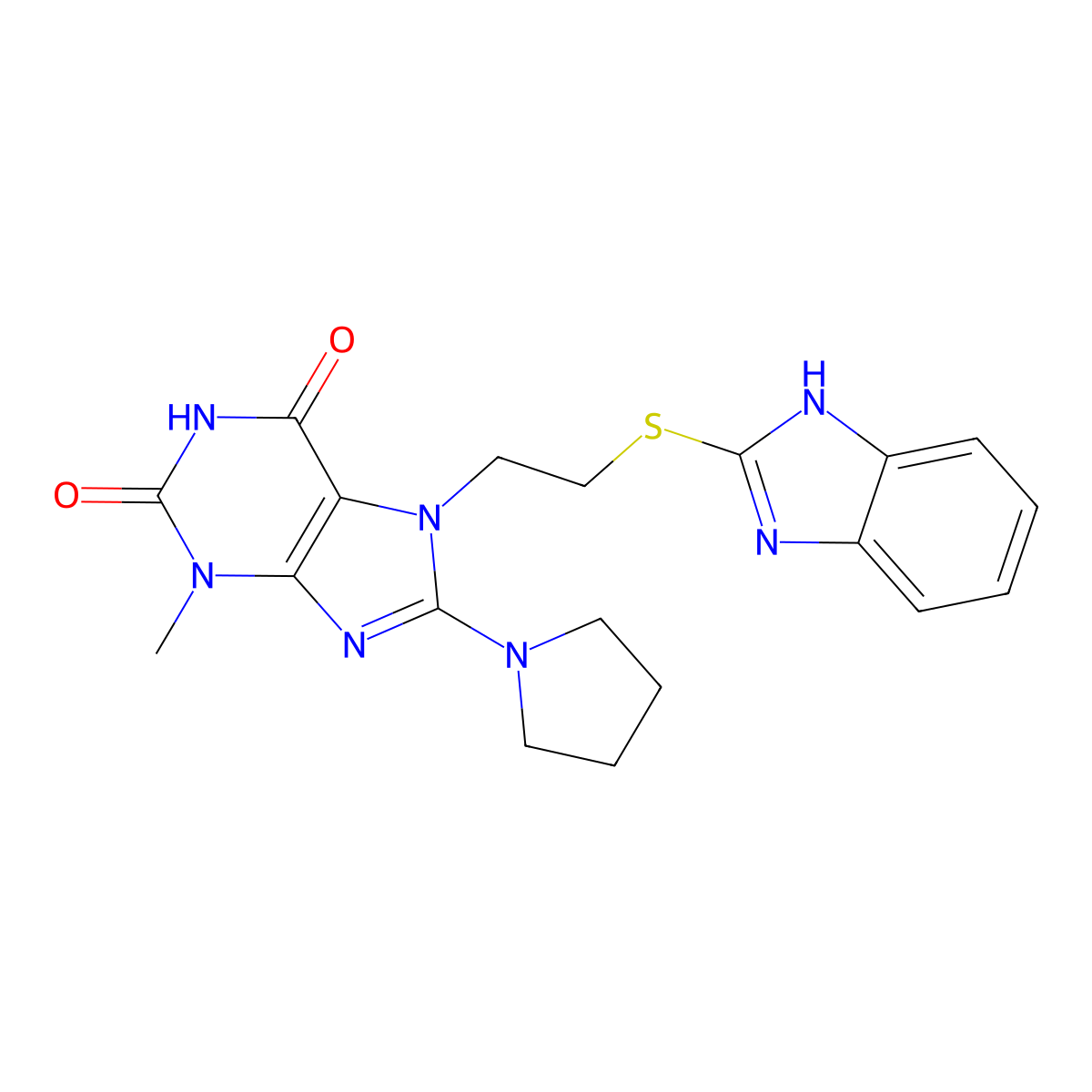 7-(2-((1H-benzo[d]imidazol-2-yl)thio)ethyl)-3-methyl-8-(pyrrolidin-1-yl)-1H-purine-2,6(3H,7H)-dione molecular structure, CAS 796879-64-6