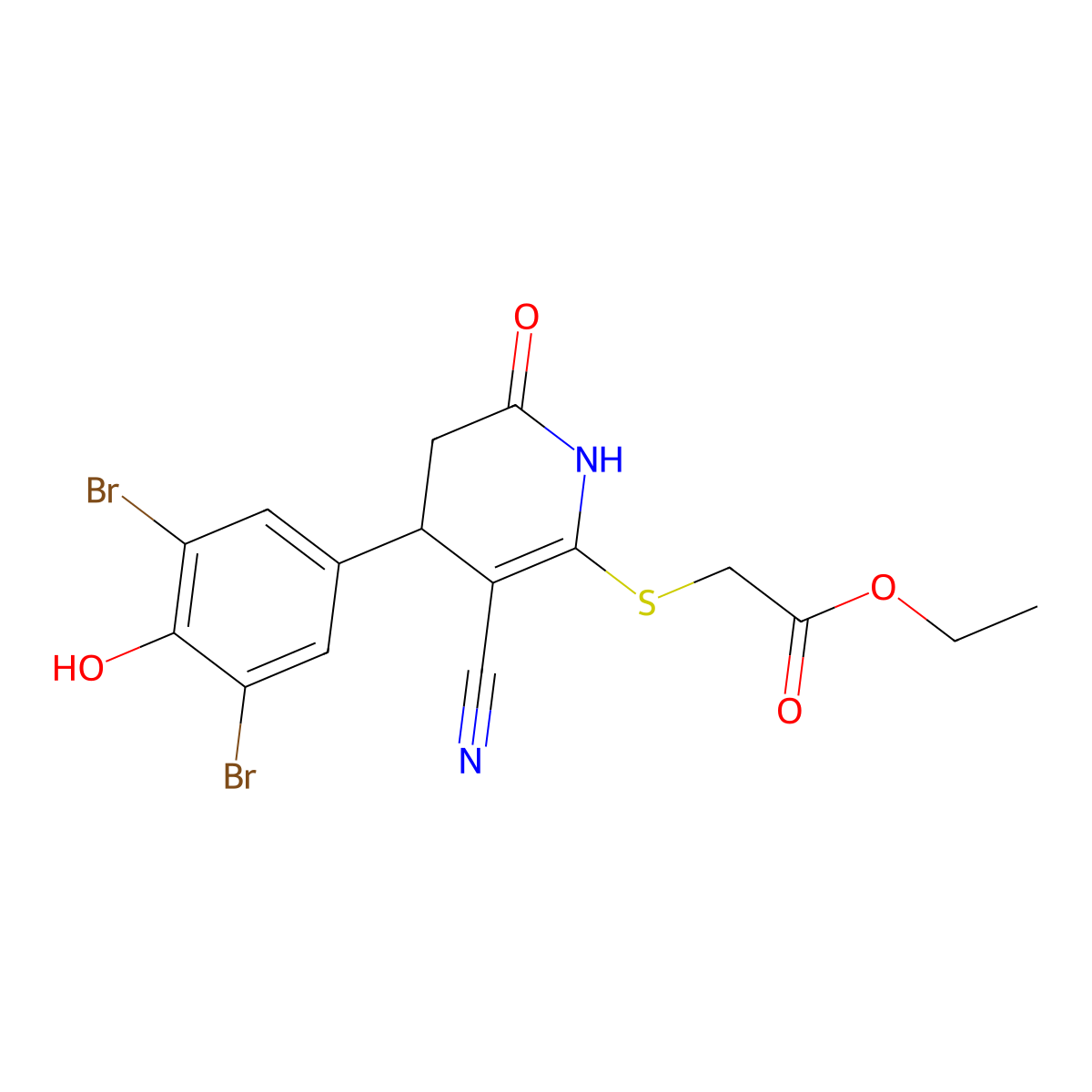Ethyl {[3-cyano-4-(3,5-dibromo-4-hydroxyphenyl)-6-oxo-1,4,5,6-tetrahydropyridin-2-yl]sulfanyl}acetate molecular structure, CAS 796881-43-1