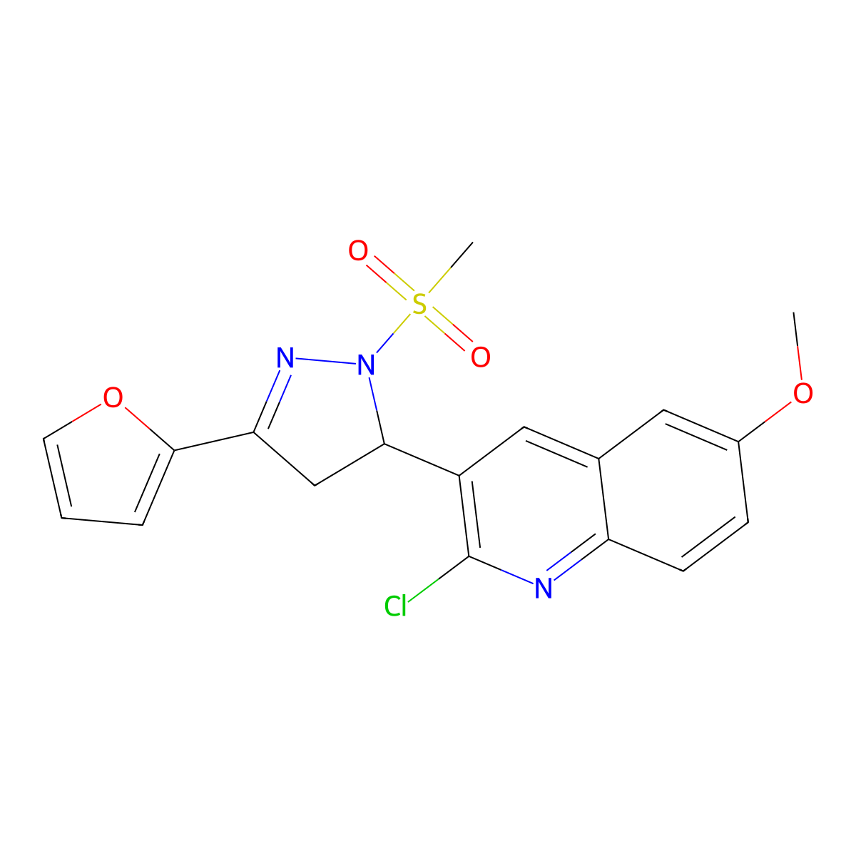 2-chloro-3-(3-(furan-2-yl)-1-(methylsulfonyl)-4,5-dihydro-1H-pyrazol-5-yl)-6-methoxyquinoline molecular structure, CAS 796881-45-3