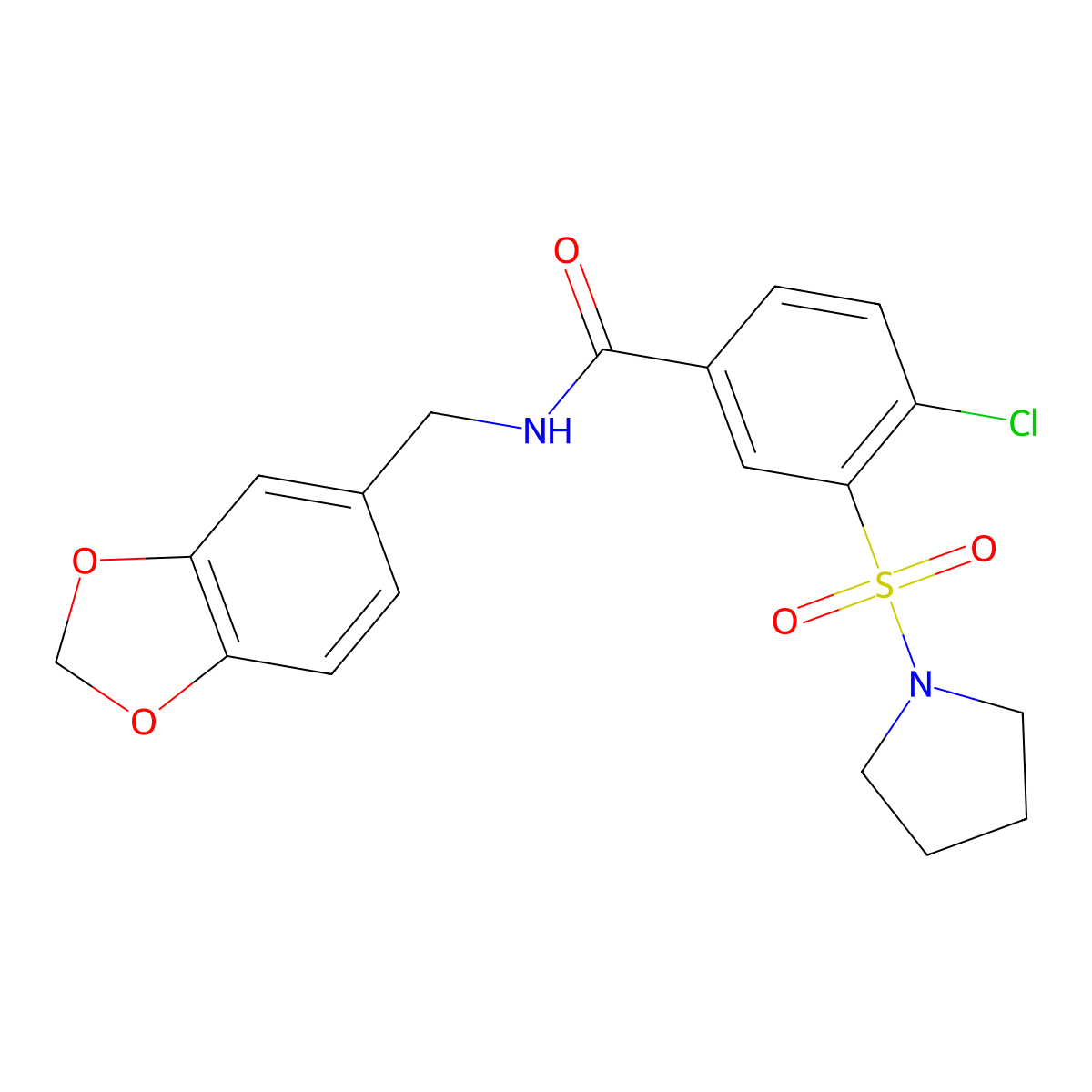 N-(1,3-benzodioxol-5-ylmethyl)-4-chloro-3-pyrrolidin-1-ylsulfonylbenzamide molecular structure, CAS 796981-91-4