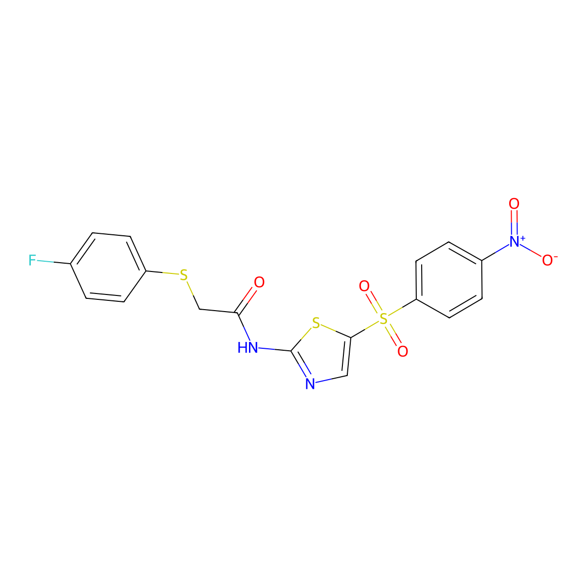 2-(4-fluorophenyl)sulfanyl-N-[5-(4-nitrophenyl)sulfonyl-1,3-thiazol-2-yl]acetamide molecular structure, CAS 796984-18-4