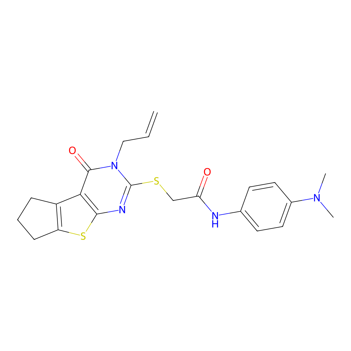 2-((3-allyl-4-oxo-4,5,6,7-tetrahydro-3H-cyclopenta[4,5]thieno[2,3-d]pyrimidin-2-yl)thio)-N-(4-(dimethylamino)phenyl)acetamide molecular structure, CAS 796995-47-6