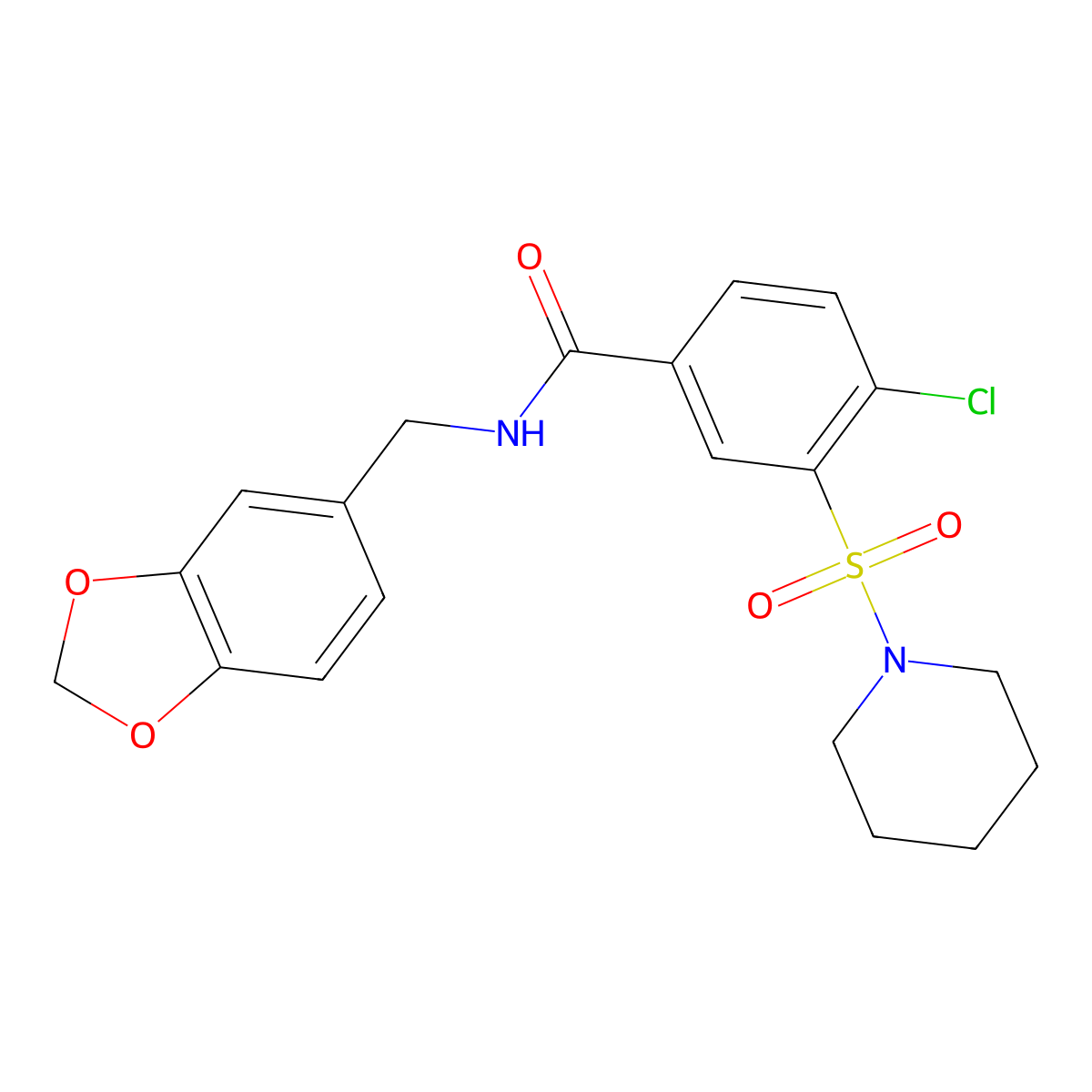 N-(1,3-benzodioxol-5-ylmethyl)-4-chloro-3-piperidin-1-ylsulfonylbenzamide molecular structure, CAS 797004-56-9