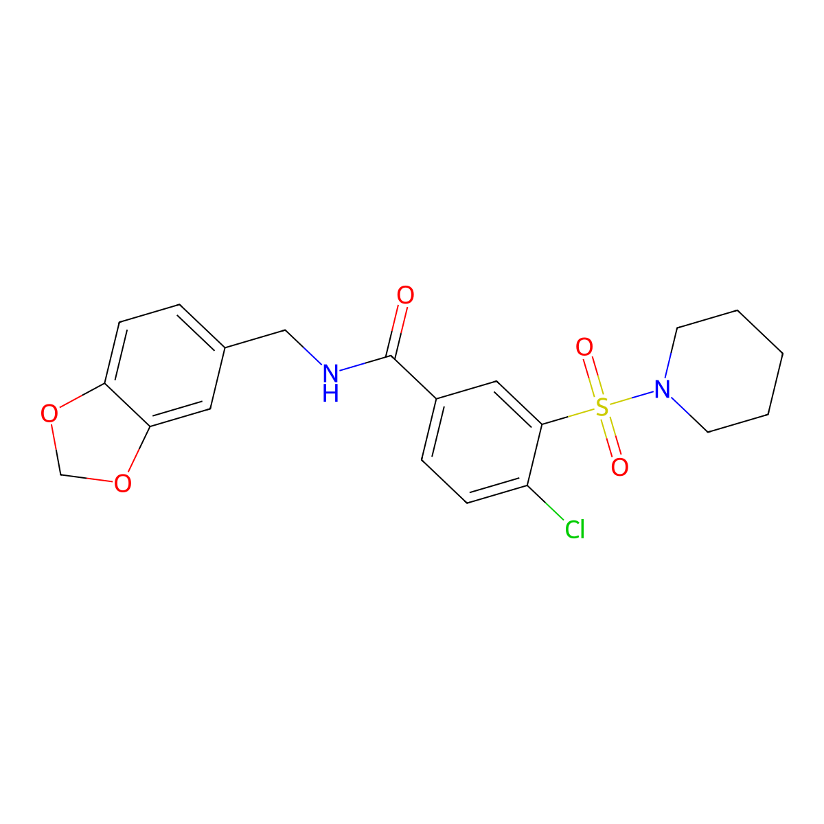 N-(1,3-benzodioxol-5-ylmethyl)-4-chloro-3-piperidin-1-ylsulfonylbenzamide molecular structure, CAS 797004-56-9