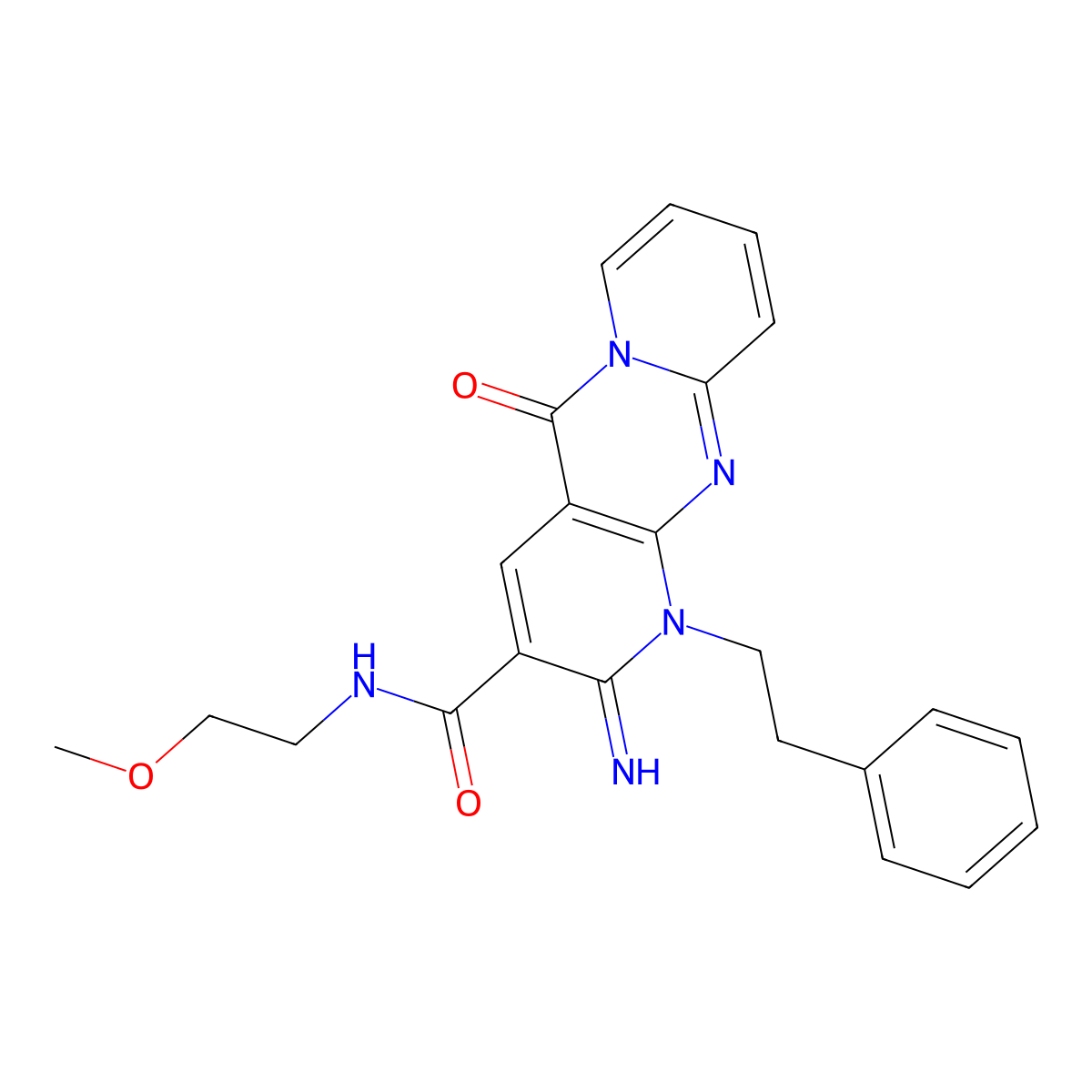 2-imino-N-(2-methoxyethyl)-5-oxo-1-phenethyl-2,5-dihydro-1H-dipyrido[1,2-a:2',3'-d]pyrimidine-3-carboxamide molecular structure, CAS 797014-98-3