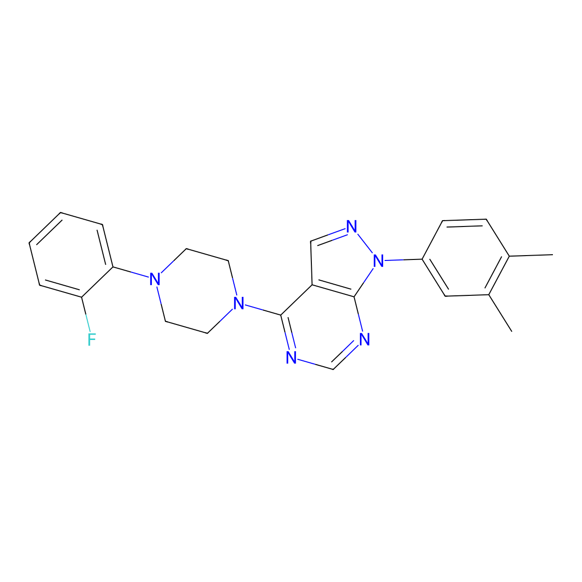 1-(3,4-dimethylphenyl)-4-[4-(2-fluorophenyl)piperazin-1-yl]-1H-pyrazolo[3,4-d]pyrimidine molecular structure, CAS 797017-61-9