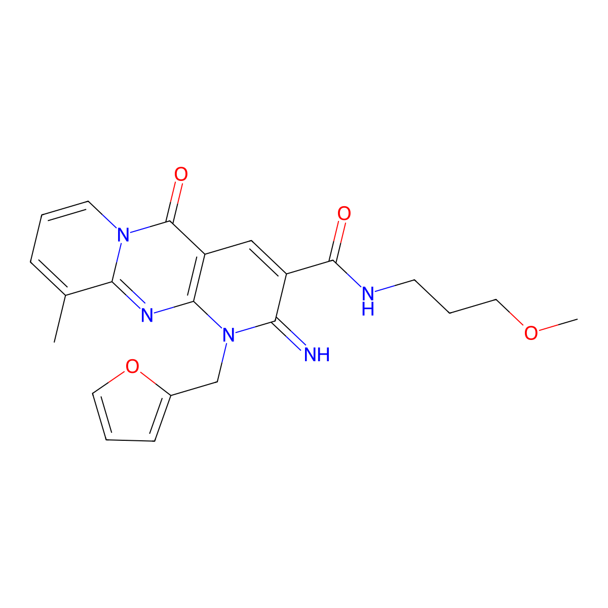 [1-(2-furylmethyl)-2-imino-10-methyl-5-oxo(1,6-dihydropyridino[2,3-d]pyridino[1,2-a]pyrimidin-3-yl)]-N-(3-methoxypropyl)carboxamide molecular structure, CAS 797018-46-3