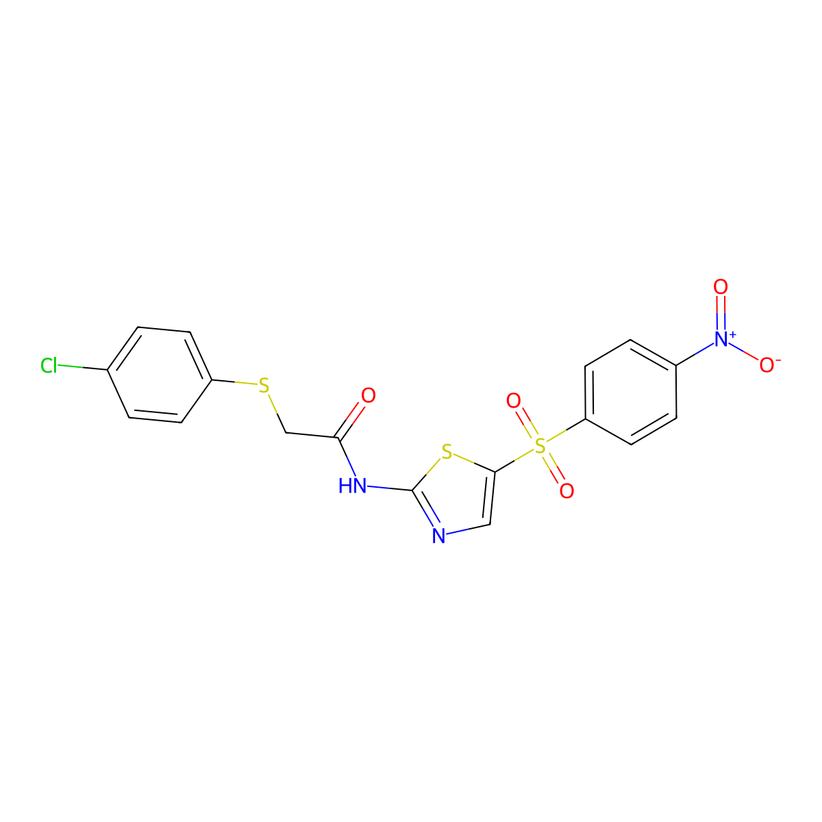 2-(4-chlorophenyl)sulfanyl-N-[5-(4-nitrophenyl)sulfonyl-1,3-thiazol-2-yl]acetamide molecular structure, CAS 797018-96-3