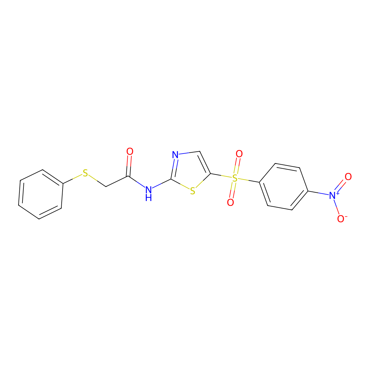 N-(5-((4-nitrophenyl)sulfonyl)thiazol-2-yl)-2-(phenylthio)acetamide molecular structure, CAS 797019-58-0
