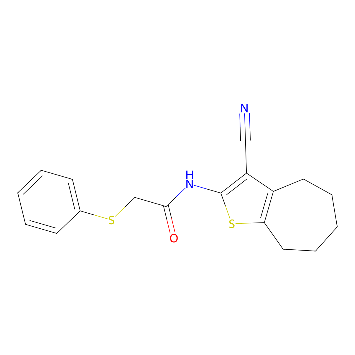 N-(3-cyano-5,6,7,8-tetrahydro-4H-cyclohepta[b]thiophen-2-yl)-2-phenylsulfanylacetamide molecular structure, CAS 797020-75-8