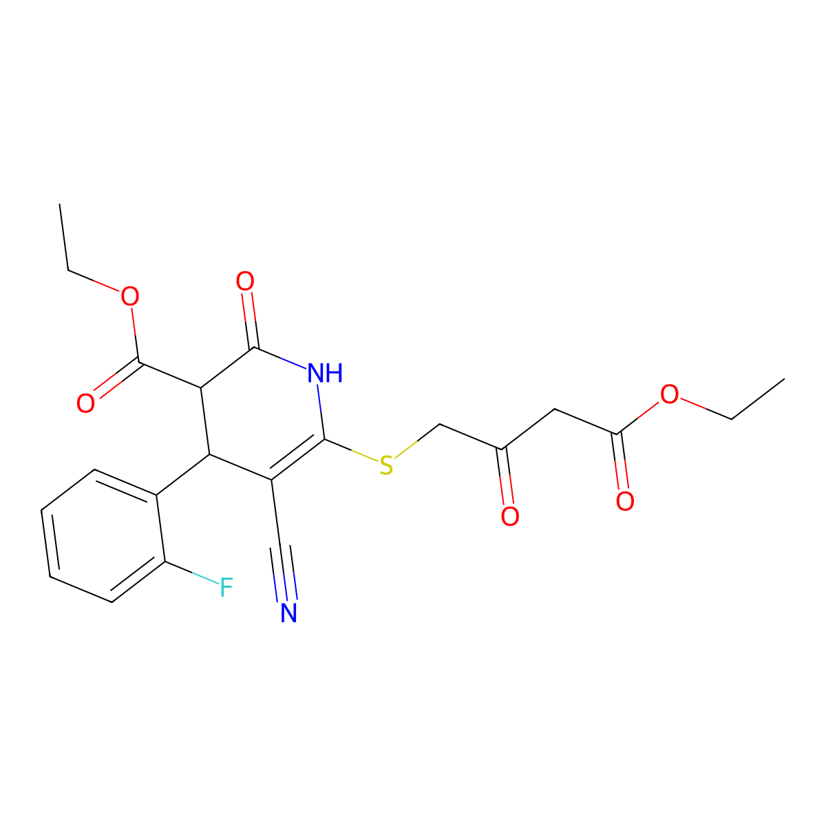 Ethyl 5-cyano-6-((4-ethoxy-2,4-dioxobutyl)thio)-4-(2-fluorophenyl)-2-oxo-1,2,3,4-tetrahydropyridine-3-carboxylate molecular structure, CAS 797021-39-7