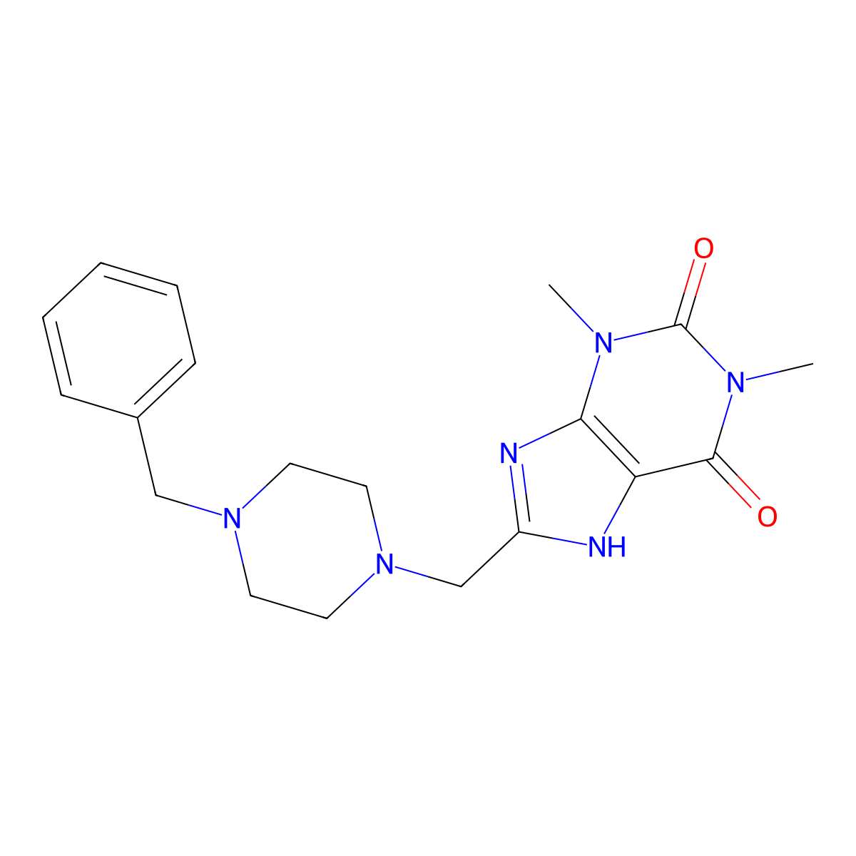 8-(4-Benzyl-piperazin-1-ylmethyl)-1,3-dimethyl-3,7-dihydro-purine-2,6-dione molecular structure, CAS 797028-14-9