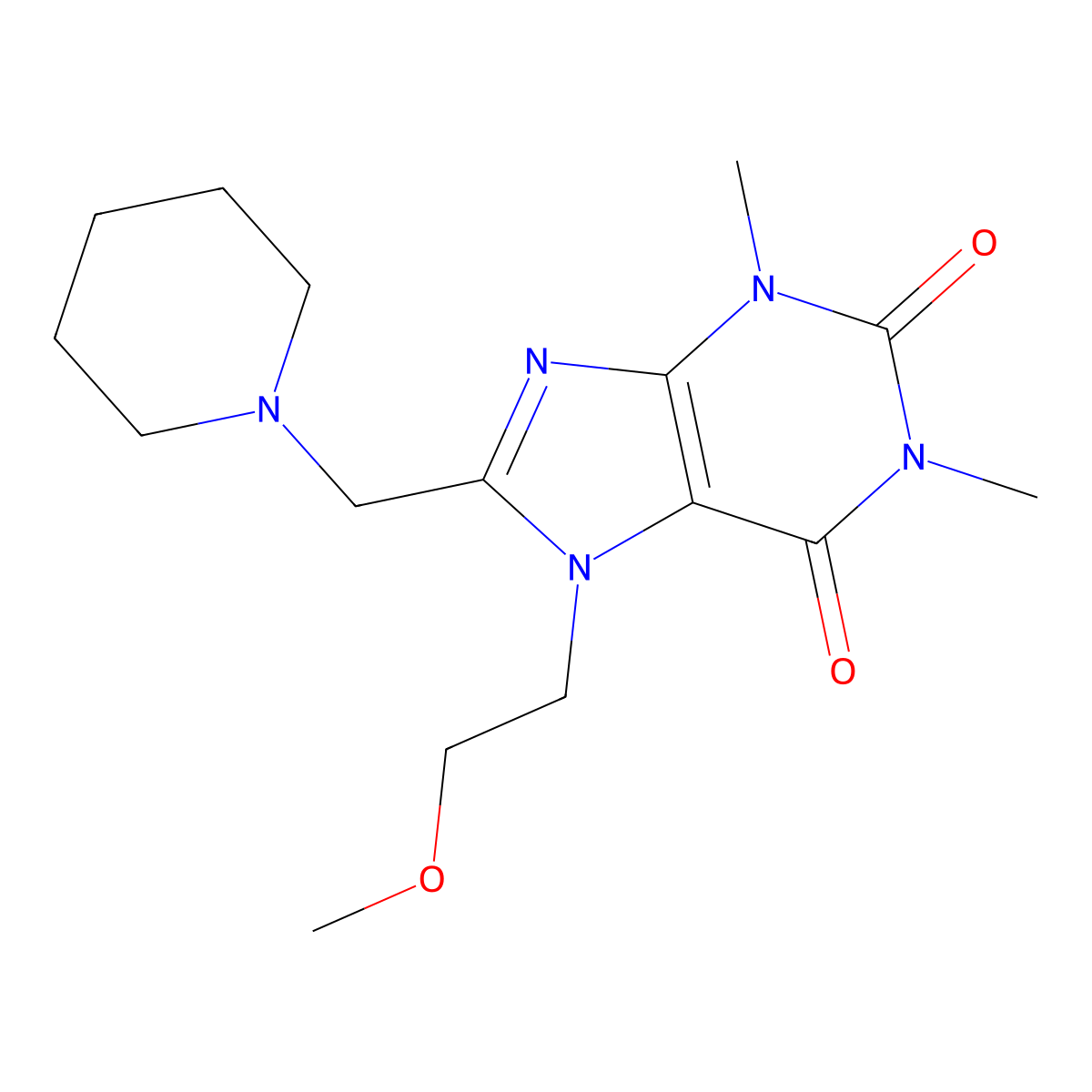 7-(2-methoxyethyl)-1,3-dimethyl-8-(piperidin-1-ylmethyl)-3,7-dihydro-1H-purine-2,6-dione molecular structure, CAS 797028-16-1
