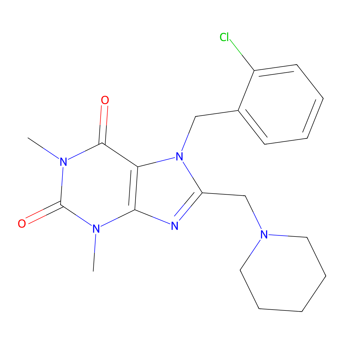 7-(2-chlorobenzyl)-1,3-dimethyl-8-(piperidin-1-ylmethyl)-3,7-dihydro-1H-purine-2,6-dione molecular structure, CAS 797028-25-2
