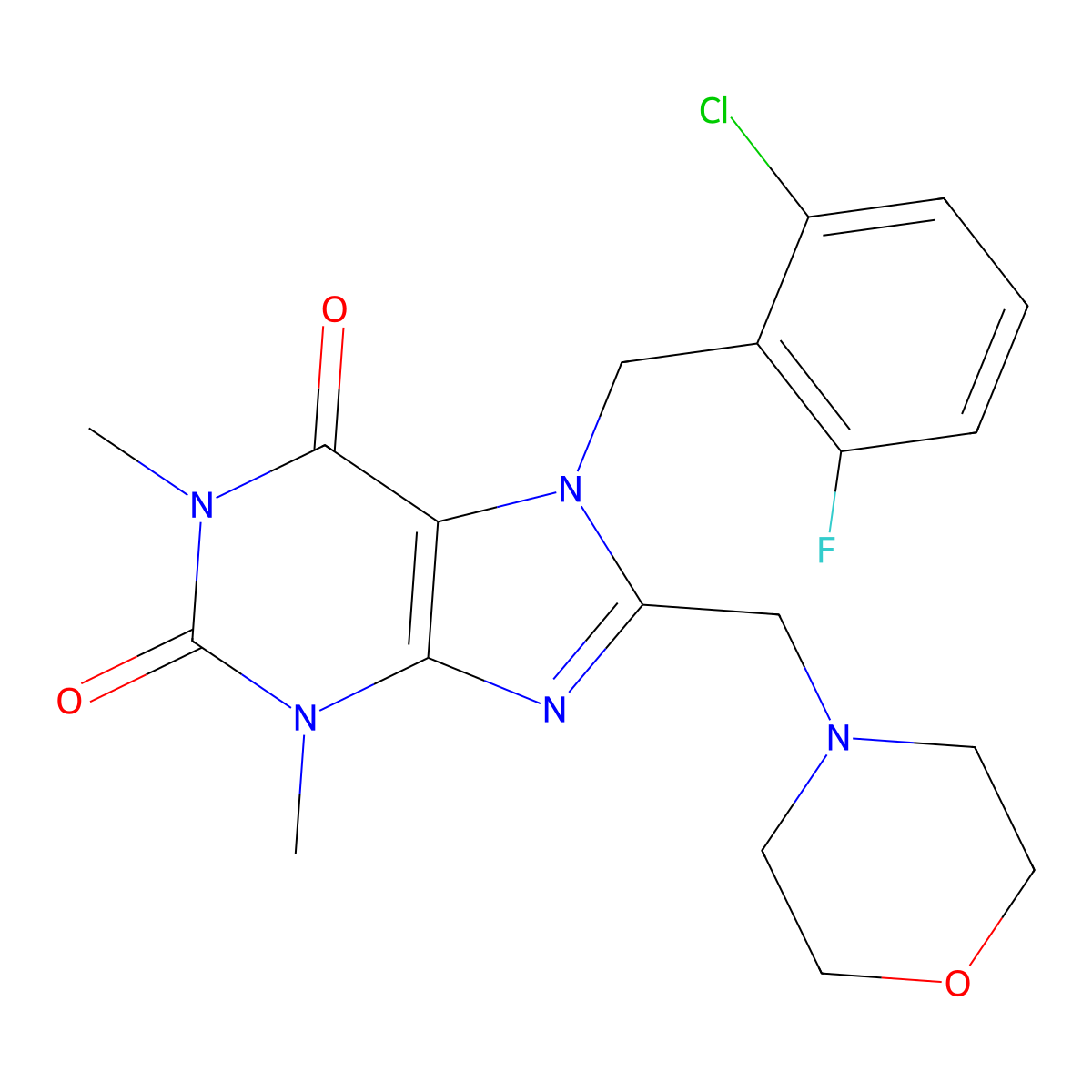 7-(2-chloro-6-fluorobenzyl)-1,3-dimethyl-8-(morpholinomethyl)-1H-purine-2,6(3H,7H)-dione molecular structure, CAS 797028-27-4