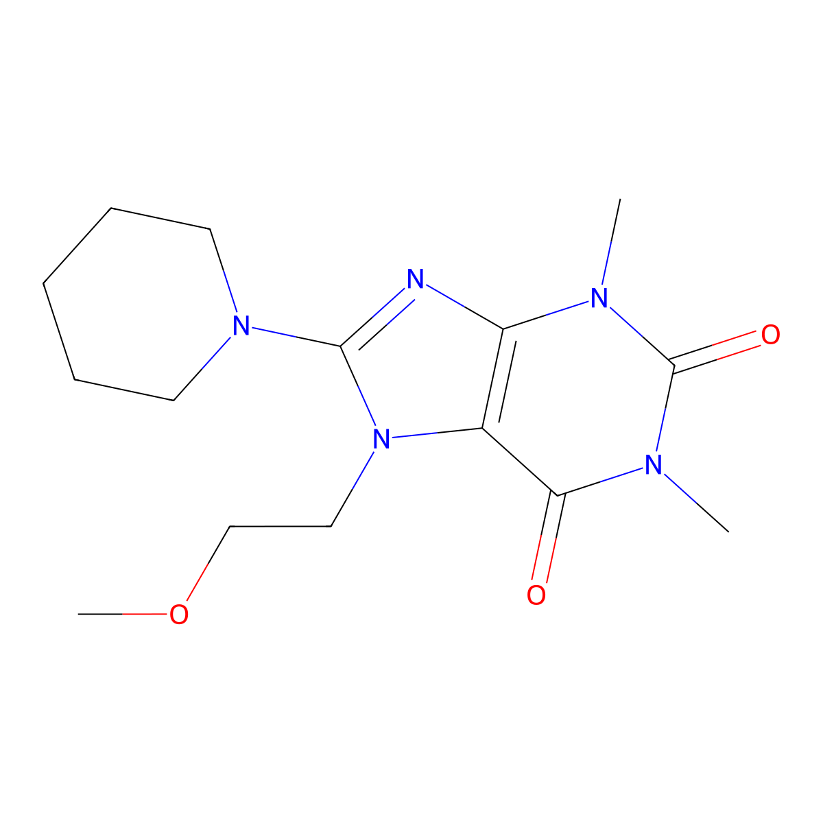 7-(2-methoxyethyl)-1,3-dimethyl-8-(piperidin-1-yl)-1H-purine-2,6(3H,7H)-dione molecular structure, CAS 797028-30-9