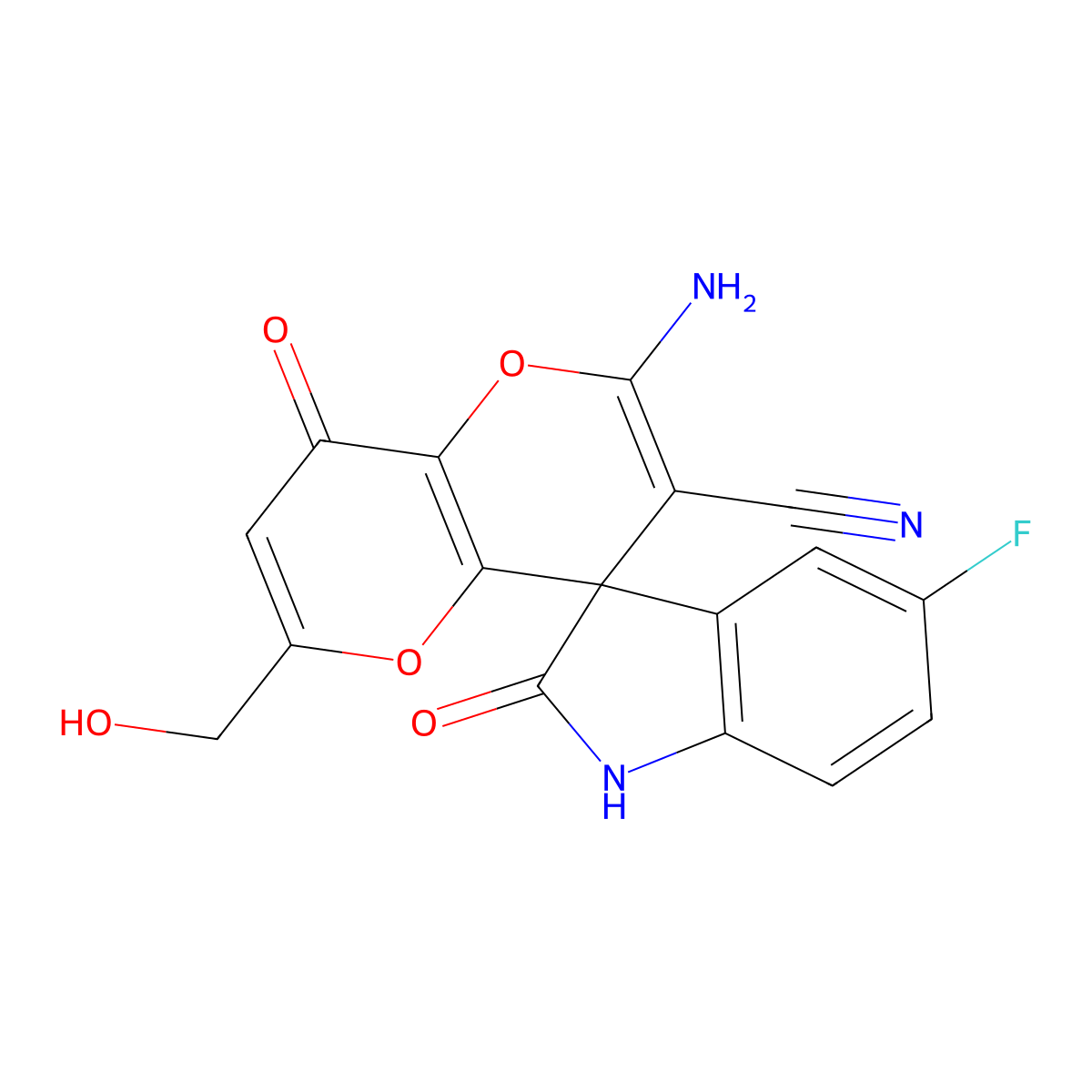 2'-amino-5-fluoro-6'-(hydroxymethyl)-2,8'-dioxospiro[1H-indole-3,4'-pyrano[3,2-b]pyran]-3'-carbonitrile molecular structure, CAS 797028-40-1