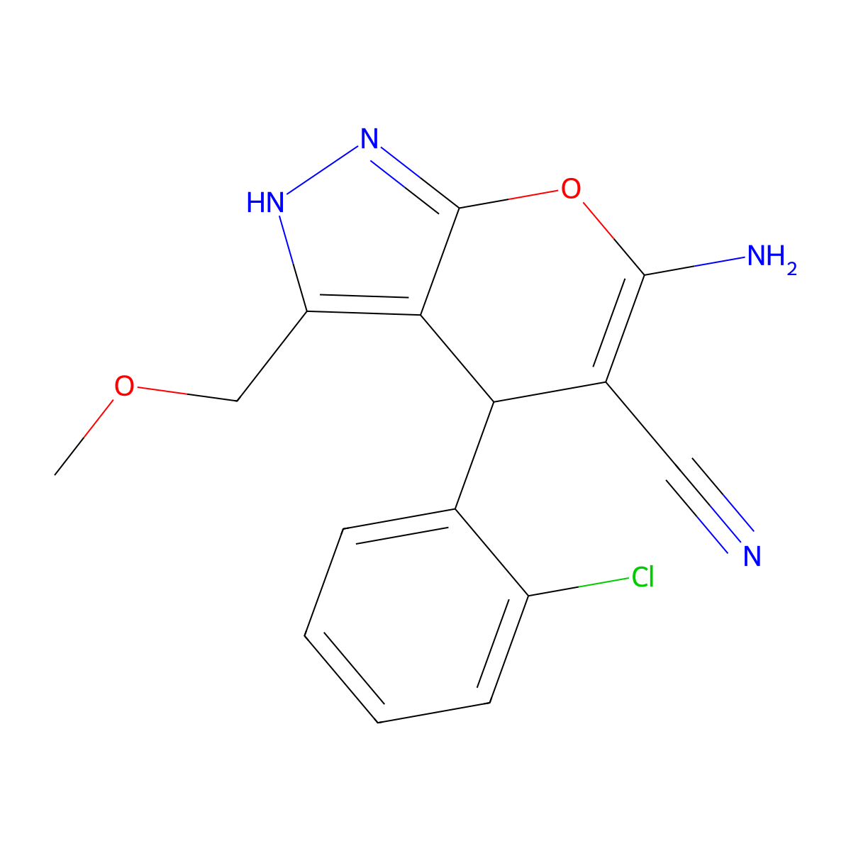 6-Amino-4-(2-chlorophenyl)-3-(methoxymethyl)-2,4-dihydropyrano[2,3-c]pyrazole-5-carbonitrile molecular structure, CAS 797028-44-5