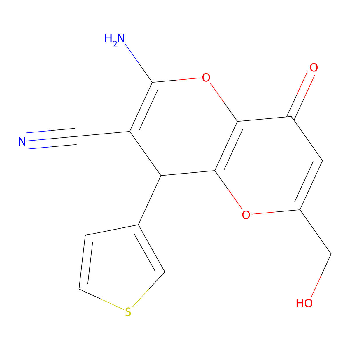 2-amino-6-(hydroxymethyl)-8-oxo-4-thiophen-3-yl-4H-pyrano[3,2-b]pyran-3-carbonitrile molecular structure, CAS 797028-61-6