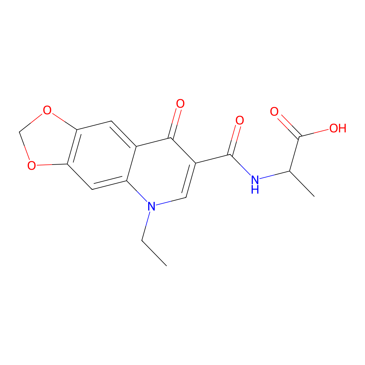 L-Alanine, N-((5,8-dihydro-5-ethyl-8-oxo-1,3-dioxolo(4,5-g)quinolin-7-yl)carbonyl)- molecular structure, CAS 79721-05-4