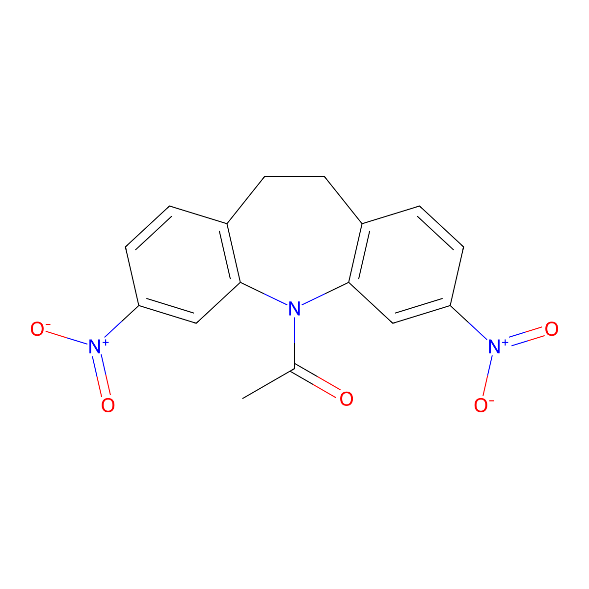 1-(3,7-dinitro-10,11-dihydro-5H-dibenzo[b,f]azepin-5-yl)ethanone molecular structure, CAS 79752-04-8