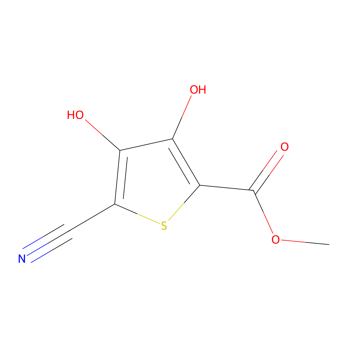 Methyl 5-cyano-3,4-dihydroxythiophene-2-carboxylate molecular structure, CAS 79763-55-6