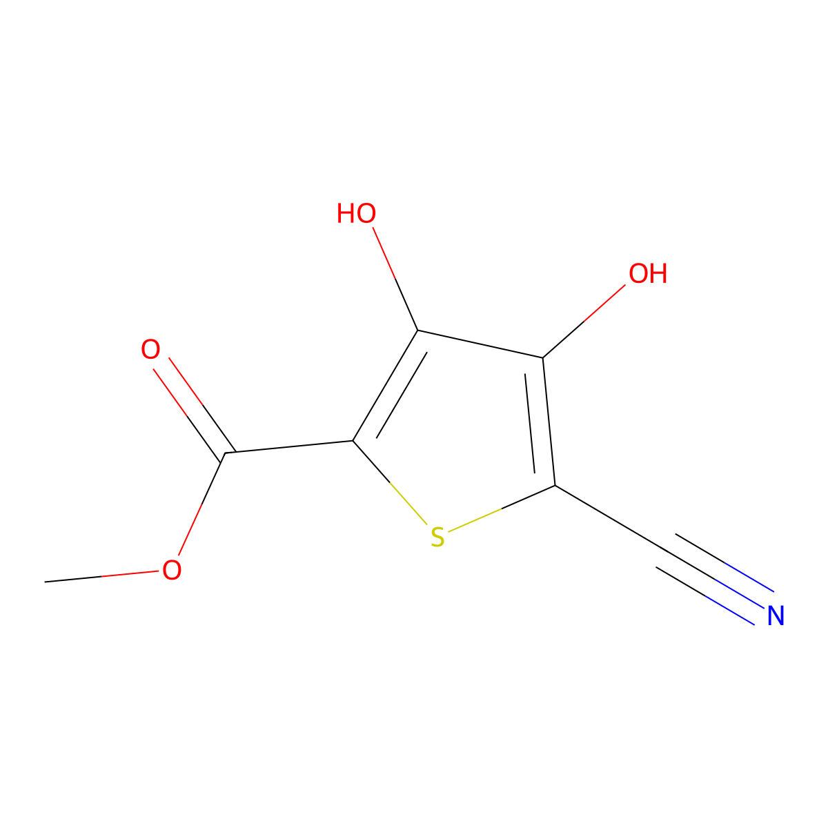 Methyl 5-cyano-3,4-dihydroxythiophene-2-carboxylate molecular structure, CAS 79763-55-6