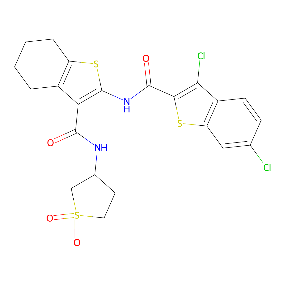 3,6-dichloro-N-{3-[(1,1-dioxidotetrahydrothiophen-3-yl)carbamoyl]-4,5,6,7-tetrahydro-1-benzothiophen-2-yl}-1-benzothiophene-2-carboxamide molecular structure, CAS 797764-07-9