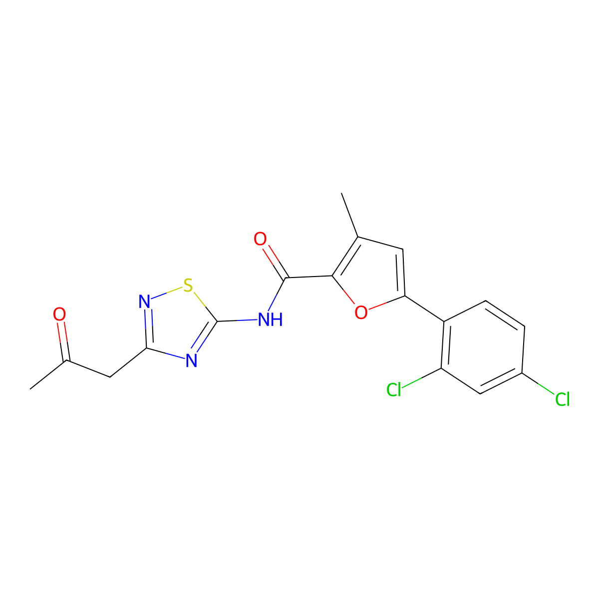 5-(2,4-dichlorophenyl)-3-methyl-N-(3-(2-oxopropyl)-1,2,4-thiadiazol-5-yl)furan-2-carboxamide molecular structure, CAS 797768-85-5