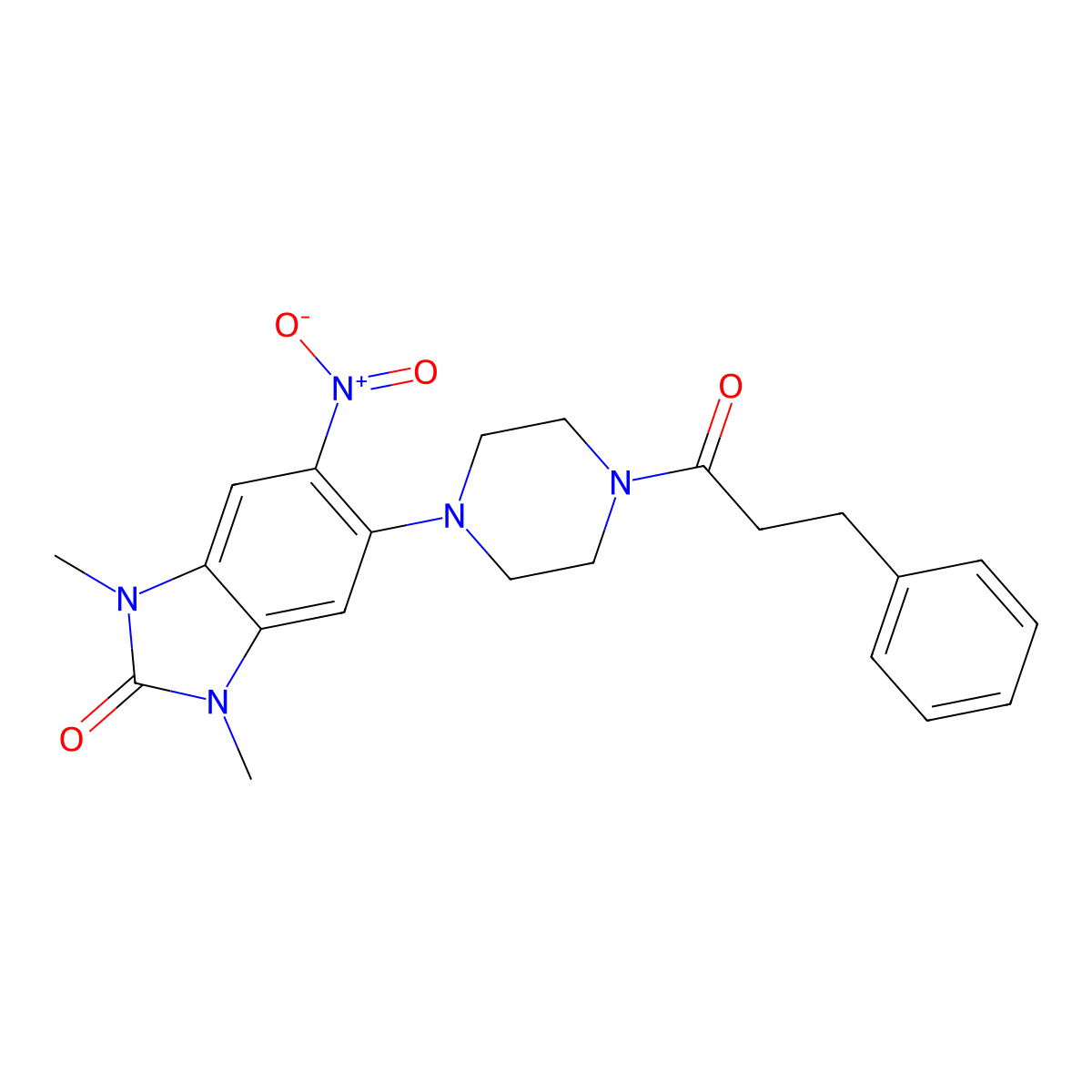 1,3-Dimethyl-5-nitro-6-[4-(3-phenylpropanoyl)piperazin-1-yl]benzimidazol-2-one molecular structure, CAS 797770-13-9