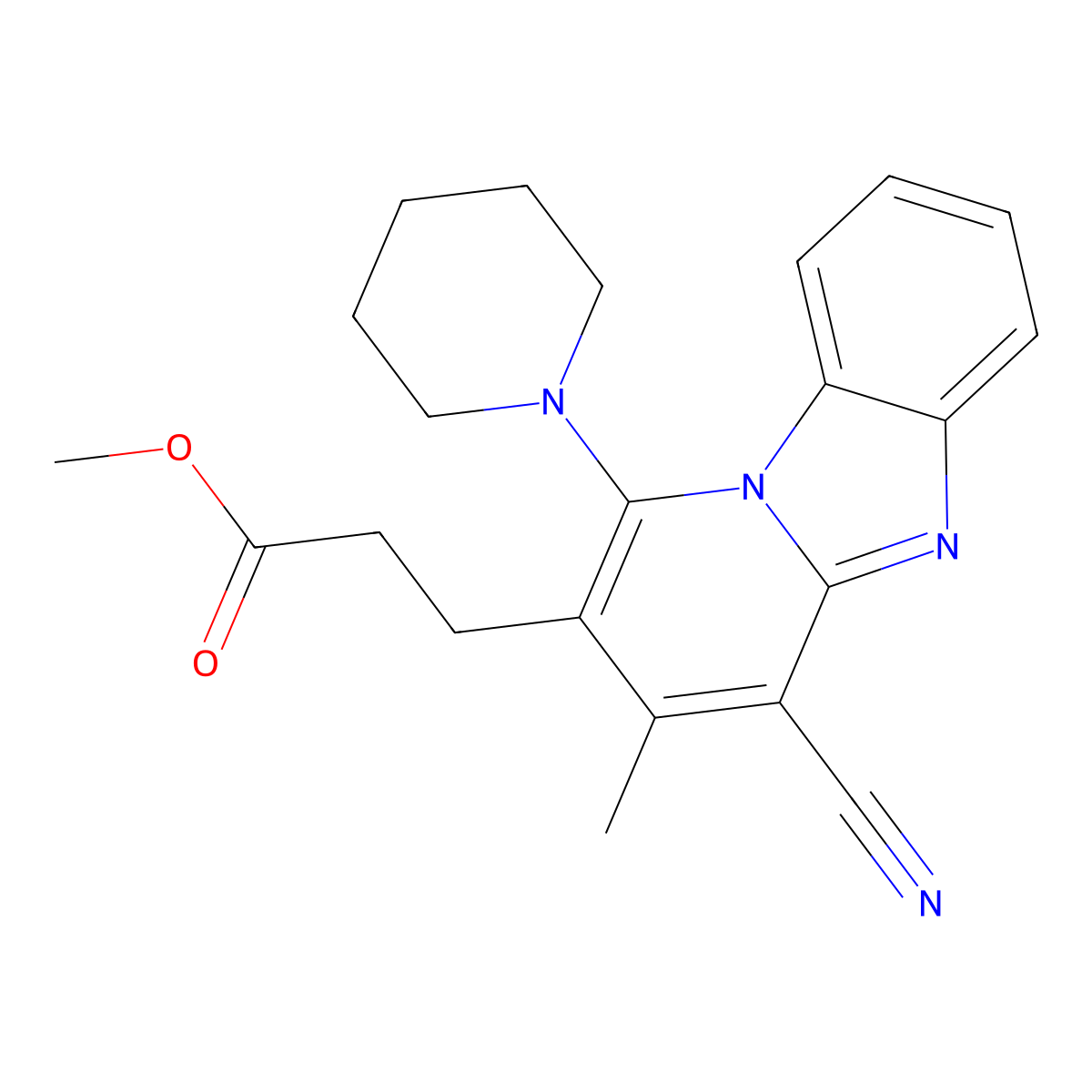 Methyl 3-(4-cyano-3-methyl-1-piperidin-1-ylpyrido[1,2-a]benzimidazol-2-yl)propanoate molecular structure, CAS 797771-29-0