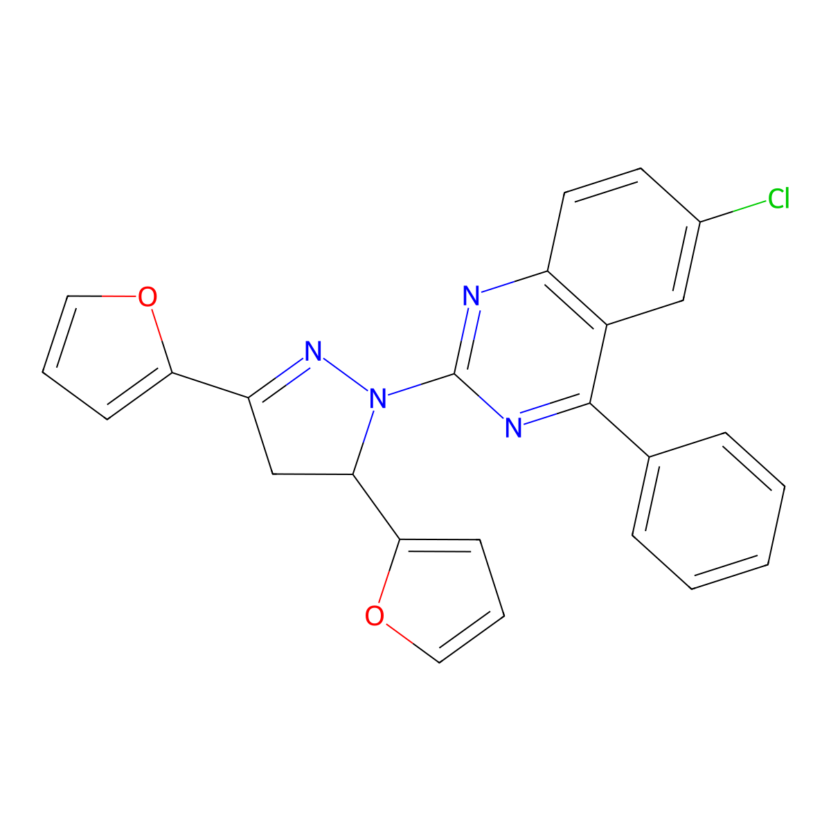 6-chloro-2-(3,5-di(furan-2-yl)-4,5-dihydro-1H-pyrazol-1-yl)-4-phenylquinazoline molecular structure, CAS 797774-15-3