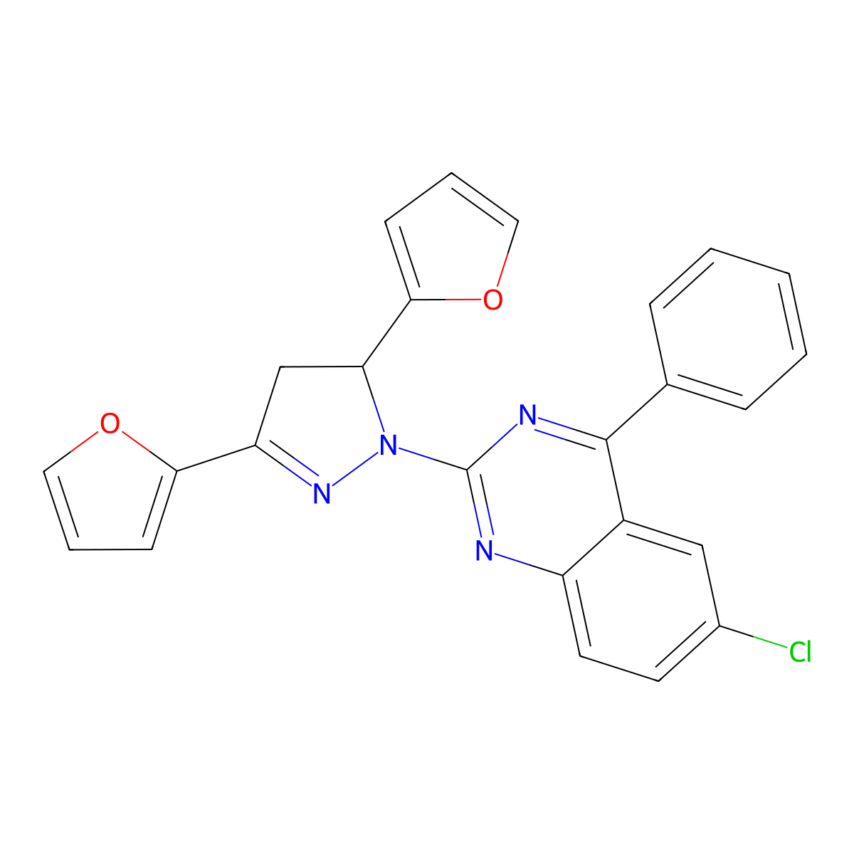 6-chloro-2-(3,5-di(furan-2-yl)-4,5-dihydro-1H-pyrazol-1-yl)-4-phenylquinazoline molecular structure, CAS 797774-15-3