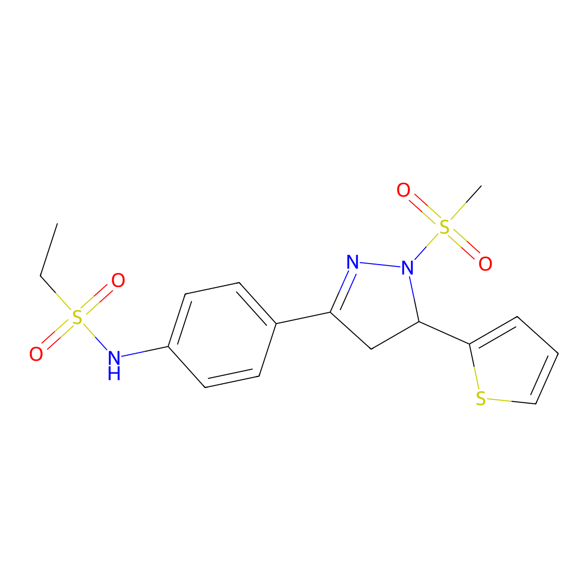 N-(4-(1-(methylsulfonyl)-5-(thiophen-2-yl)-4,5-dihydro-1H-pyrazol-3-yl)phenyl)ethanesulfonamide molecular structure, CAS 797775-15-6