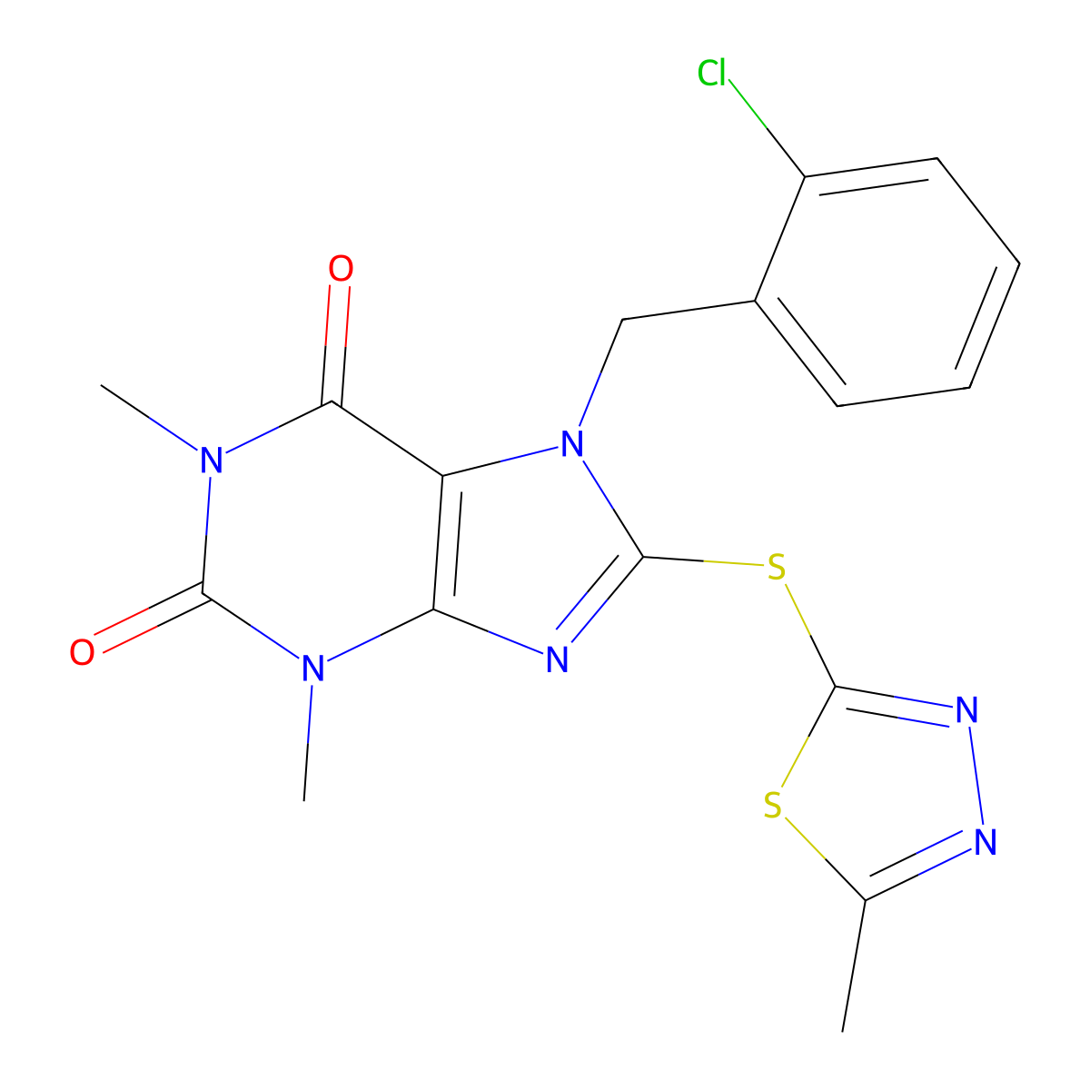 7-(2-Chloro-benzyl)-1,3-dimethyl-8-(5-methyl-[1,3,4]thiadiazol-2-ylsulfanyl)-3,7-dihydro-purine-2,6-dione molecular structure, CAS 797775-49-6
