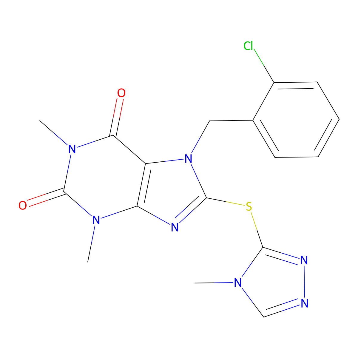 7-(2-Chloro-benzyl)-1,3-dimethyl-8-(4-methyl-4H-[1,2,4]triazol-3-ylsulfanyl)-3,7-dihydro-purine-2,6-dione molecular structure, CAS 797775-51-0