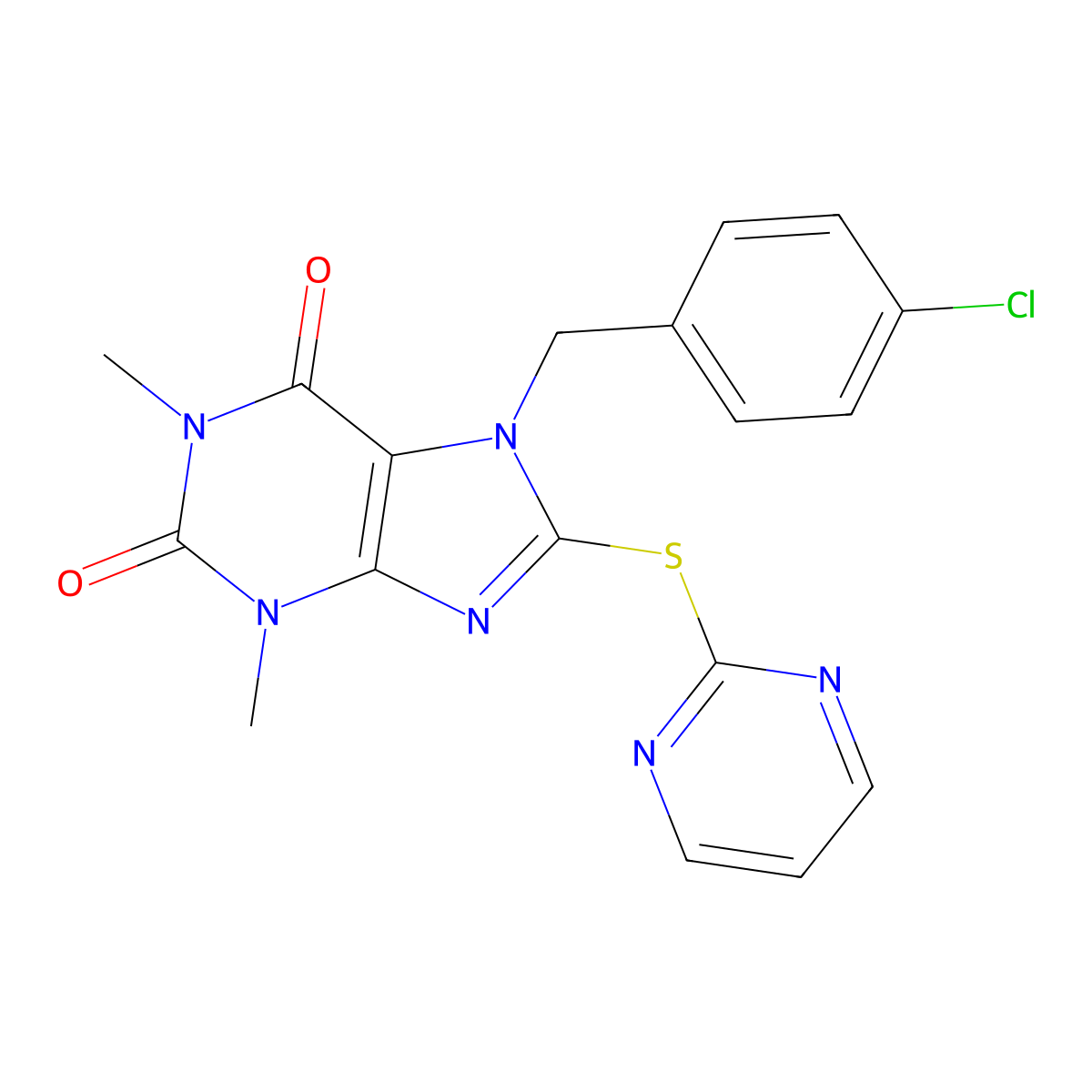 7-(4-chlorobenzyl)-1,3-dimethyl-8-(pyrimidin-2-ylsulfanyl)-3,7-dihydro-1H-purine-2,6-dione molecular structure, CAS 797775-57-6