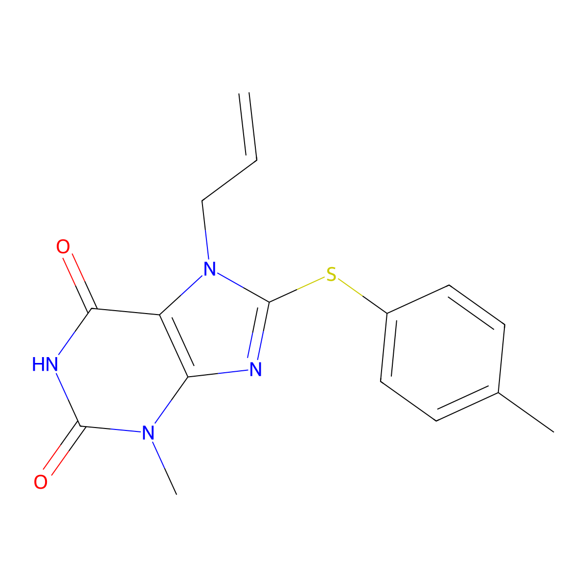 3-Methyl-8-(4-methylphenylthio)-7-prop-2-enyl-1,3,7-trihydropurine-2,6-dione molecular structure, CAS 797775-61-2
