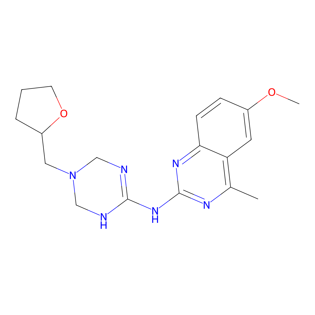 6-methoxy-4-methyl-N-[5-(tetrahydrofuran-2-ylmethyl)-1,4,5,6-tetrahydro-1,3,5-triazin-2-yl]quinazolin-2-amine molecular structure, CAS 797780-82-6