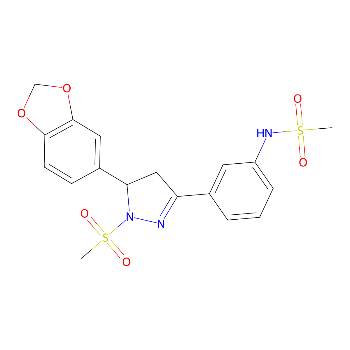 N-[3-[3-(1,3-benzodioxol-5-yl)-2-methylsulfonyl-3,4-dihydropyrazol-5-yl]phenyl]methanesulfonamide molecular structure, CAS 797780-85-9