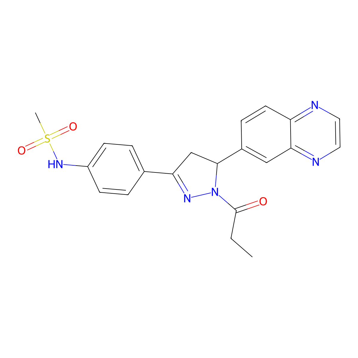 N-{4-[1-propanoyl-5-(quinoxalin-6-yl)-4,5-dihydro-1H-pyrazol-3-yl]phenyl}methanesulfonamide molecular structure, CAS 797780-87-1