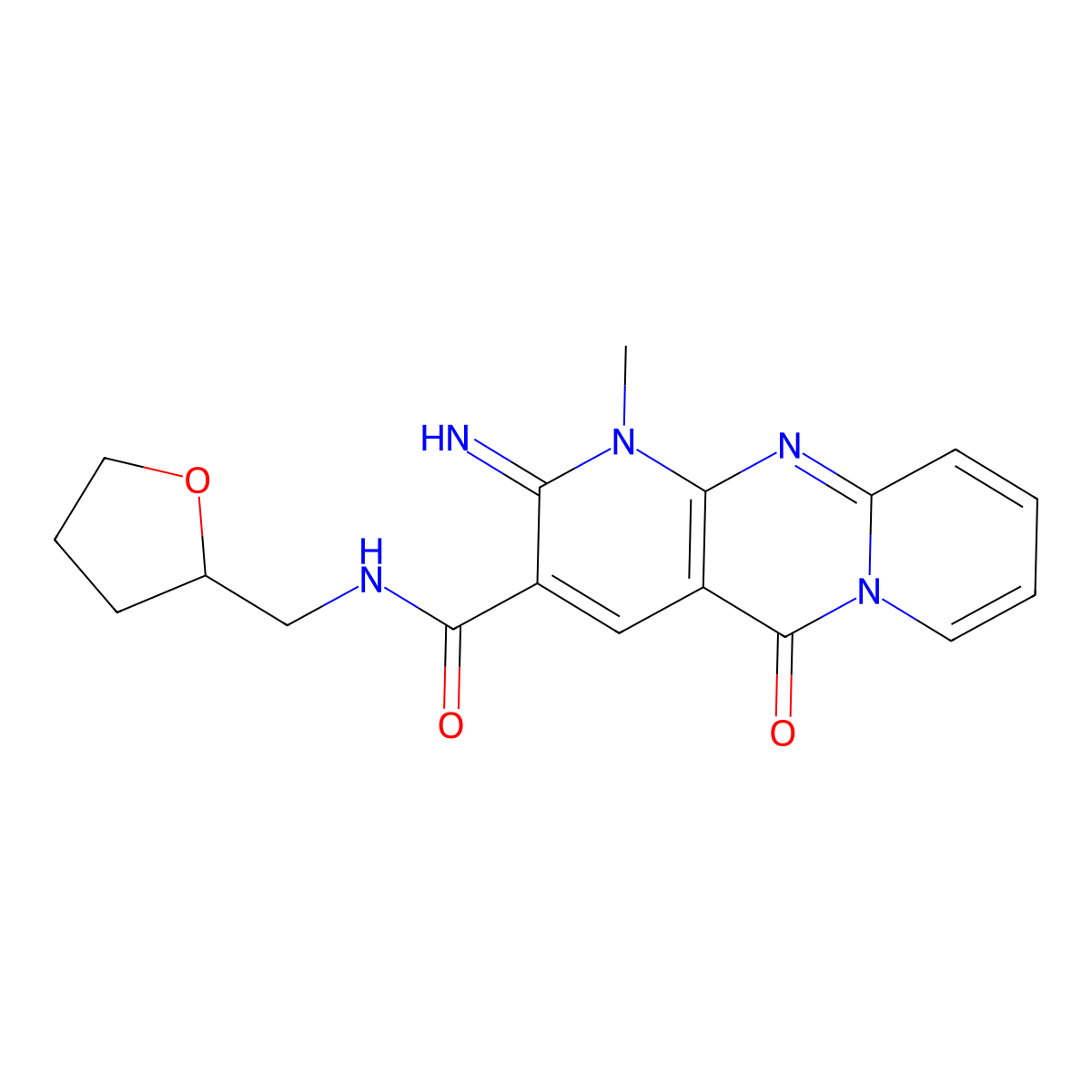 2-imino-1-methyl-5-oxo-N-((tetrahydrofuran-2-yl)methyl)-2,5-dihydro-1H-dipyrido[1,2-a:2',3'-d]pyrimidine-3-carboxamide molecular structure, CAS 797796-35-1
