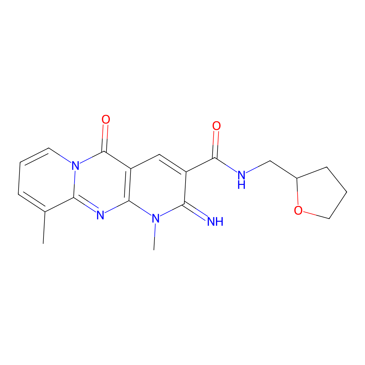 2-imino-1,10-dimethyl-5-oxo-N-((tetrahydrofuran-2-yl)methyl)-2,5-dihydro-1H-dipyrido[1,2-a:2',3'-d]pyrimidine-3-carboxamide molecular structure, CAS 797796-92-0