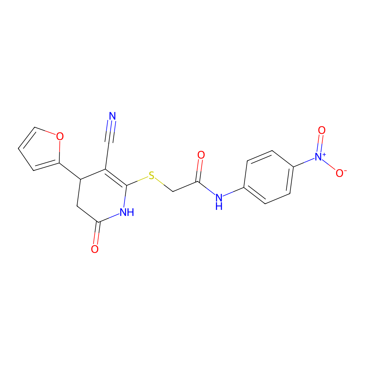 2-((3-cyano-4-(furan-2-yl)-6-oxo-1,4,5,6-tetrahydropyridin-2-yl)thio)-N-(4-nitrophenyl)acetamide molecular structure, CAS 797797-22-9