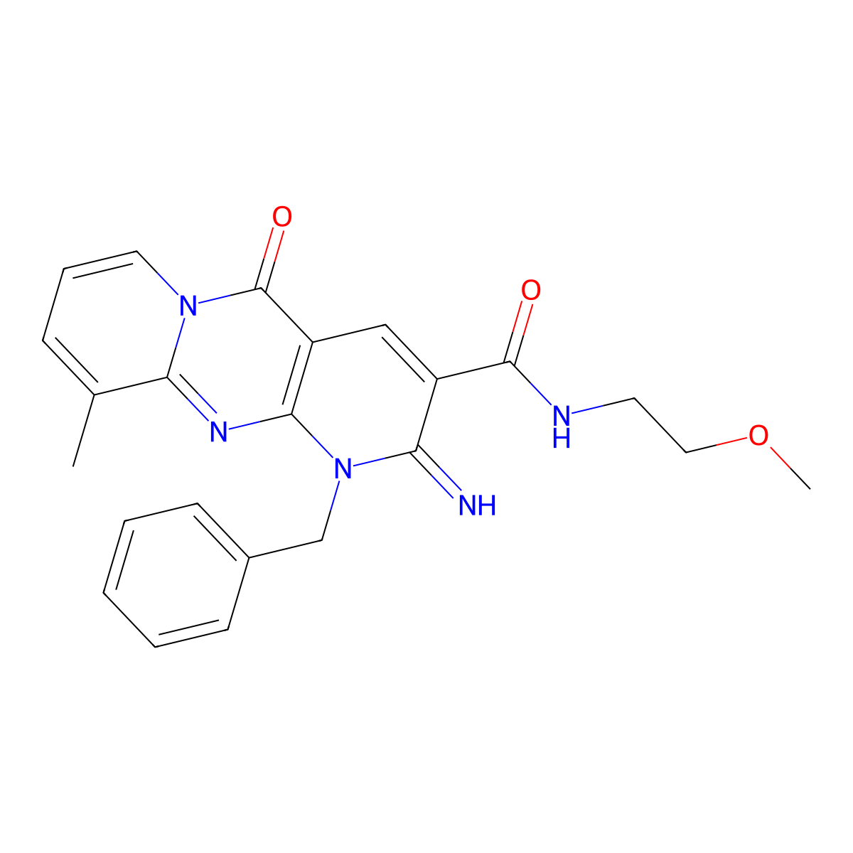 1-benzyl-2-imino-N-(2-methoxyethyl)-10-methyl-5-oxo-1,5-dihydro-2H-dipyrido[1,2-a:2,3-d]pyrimidine-3-carboxamide molecular structure, CAS 797797-69-4