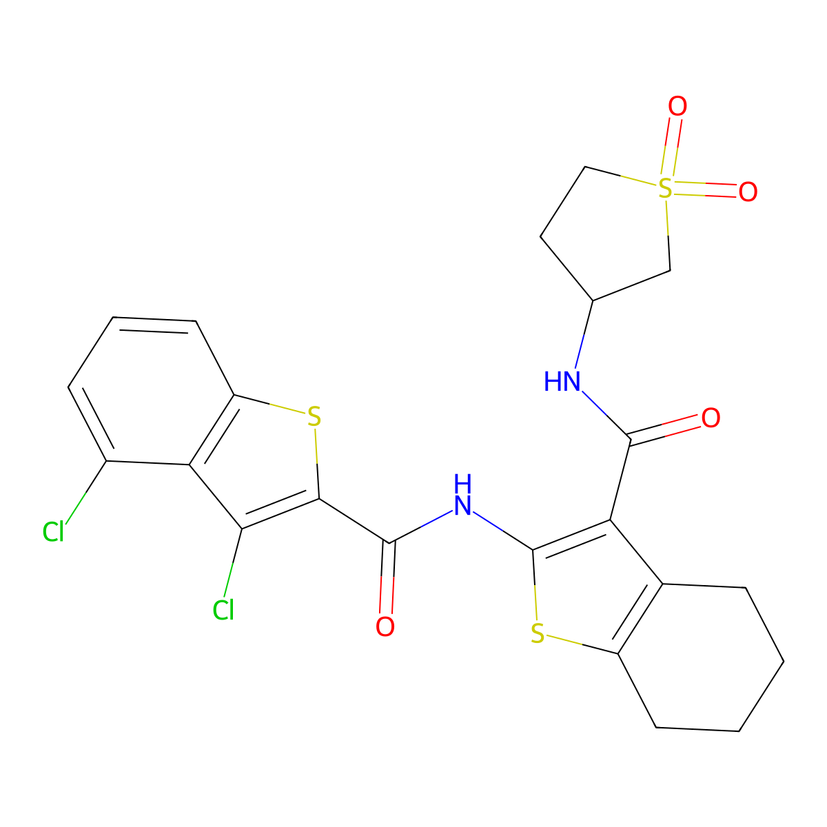 3,4-dichloro-N-{3-[(1,1-dioxidotetrahydrothiophen-3-yl)carbamoyl]-4,5,6,7-tetrahydro-1-benzothiophen-2-yl}-1-benzothiophene-2-carboxamide molecular structure, CAS 797797-76-3