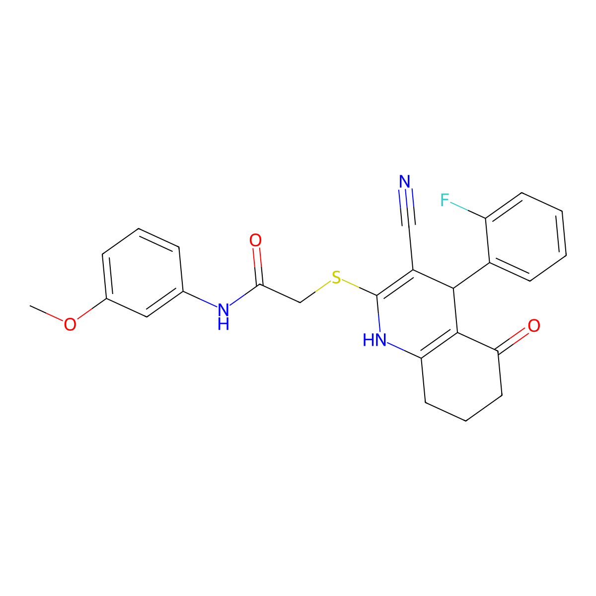 2-((3-cyano-4-(2-fluorophenyl)-5-oxo-1,4,5,6,7,8-hexahydroquinolin-2-yl)thio)-N-(3-methoxyphenyl)acetamide molecular structure, CAS 797798-20-0